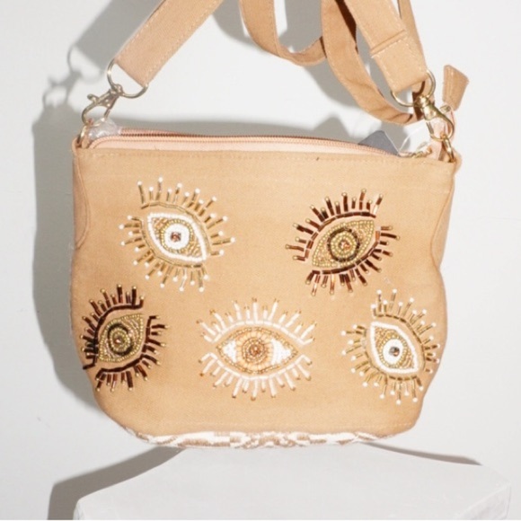 Tan Crossbody Bag with Embroidered Floral Design - Picture 2 of 3